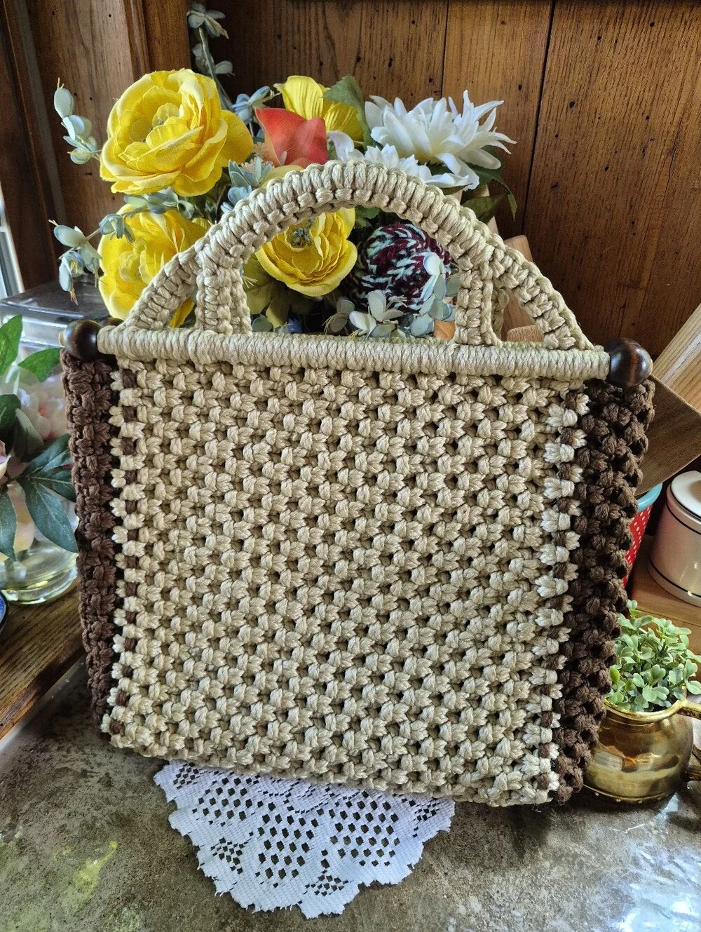Vintage New Handmade Macramé Tan & Brown Large Tote Bag Wood Side Bead Handles